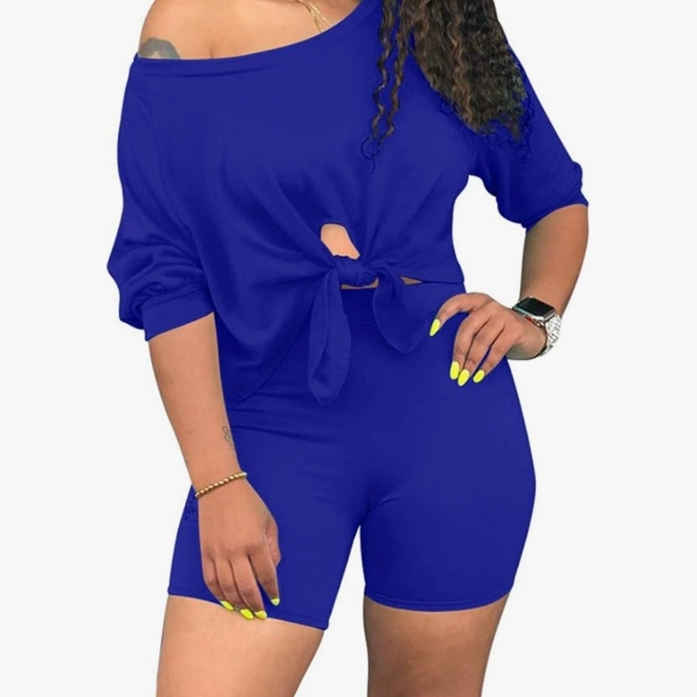 Cailami Women's Sexy 2 Piece Off Shoulder Tie Up Top Biker Shorts Set Blue XXL